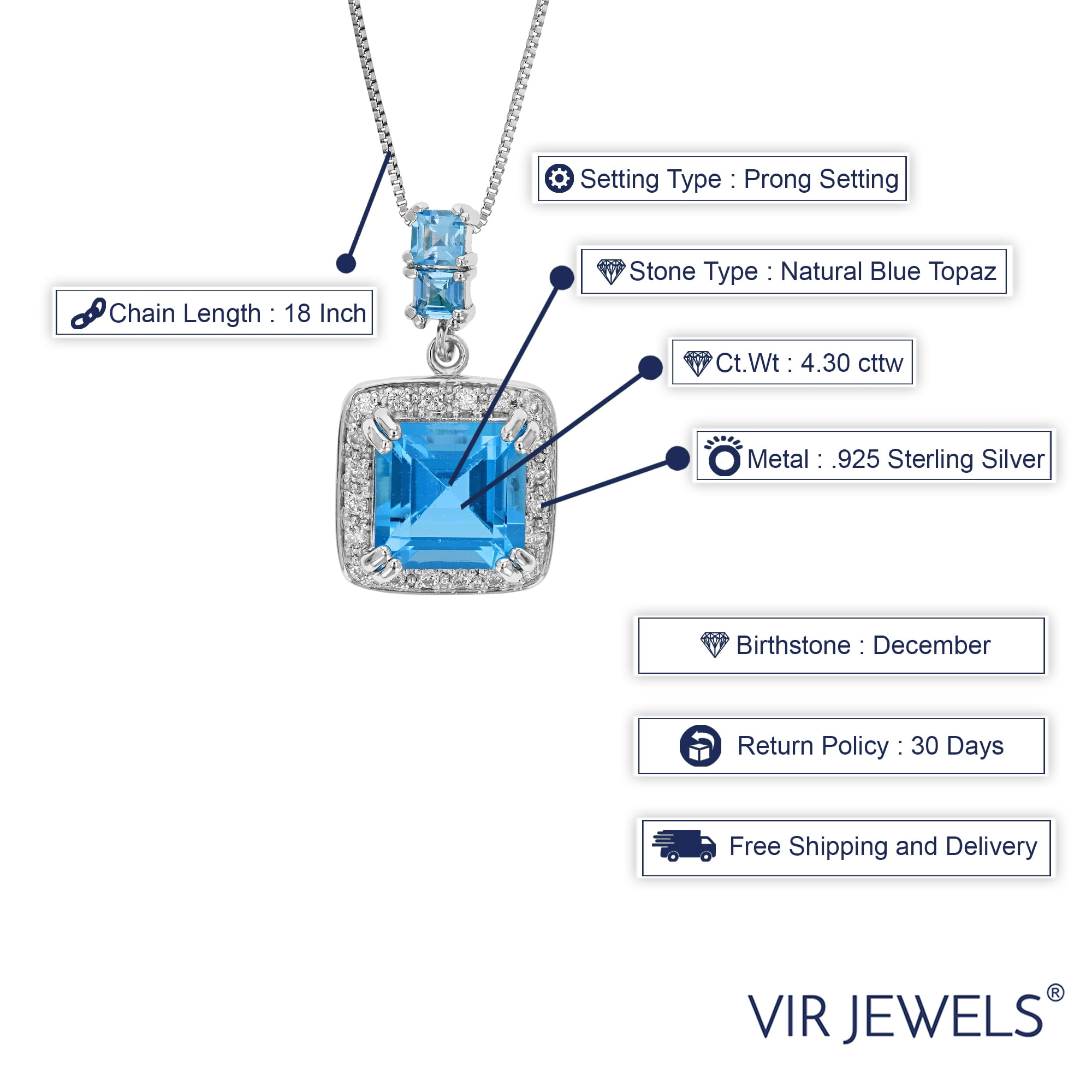 Vir Jewels 4.30 CTTW Swiss Blue Topaz Pendant Necklace for Women in Sterling Silver December