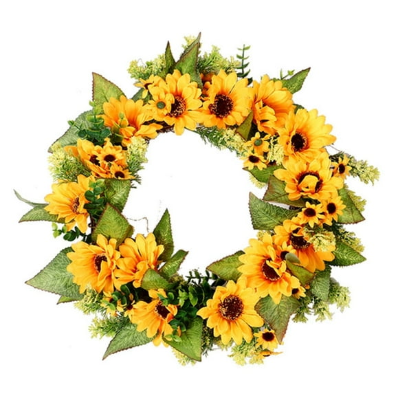 18 Inch Artificial Sunflower Wreath Front Door Summer Yellow Floral Wreath with Green Leaves and Mixed Flower Springtime All Year Around Garland for Outdoor Indoor Wall Or Window Décor