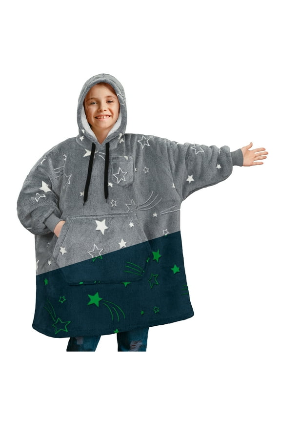 Wearable Blanket Sweatshirt for Kids Boy Girl Glow in the Dark Star, Warm Cozy Giant Blanket Hoodie, Fleece Sherpa Oversized Blanket Sweatshirt with Sleeves, Big Pocket, Christmas Gift