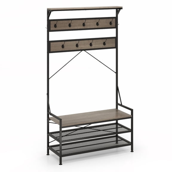 Furnibear Hall Tree with Shoe Bench and 11 Hooks, 4-in-1 Entryway Coat Rack with Storage Bench and Shelf for Mudroom Hallway, Gray