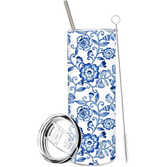 1Pc White and Blue Flower Tumbler with Lid Straw 20oz Chinoiserie Floral Stainless Steel Travel Tumbler Cup Boxed for Spring Holiday Wedding Birthday Iced Coffee