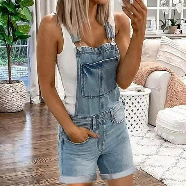 LOVZFMLL Combishort Décontracté Mode Femme Imprimé avec Poches Combinaison Courte à Bretelles Bleu Clair P