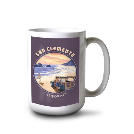 

15 fl oz Ceramic Mug San Clemente California Woody on Beach Contour Dishwasher & Microwave Safe