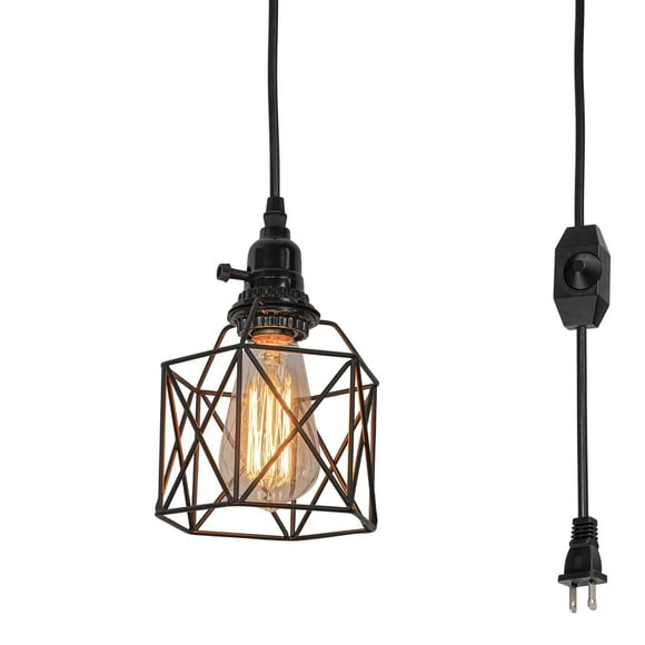 FSLiving Hanging Swag Lamp no Wiring Needed Portable Pendant Light with 15ft Plug-in UL Dimmable Cord Black Light Bulb Guard Iron Cage Square,2Way Knob Turn on Off Settings Retro Hanging Lamp