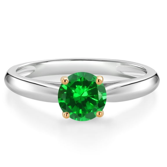 Gem Stone King 1.00 Ct Round Green Created Emerald 10K White and Yellow Gold Solitaire Engagement Ring (Size 6)
