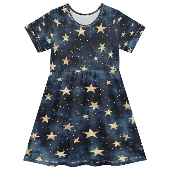 Girls Short Sleeve A-Line Dress Small Gold Stars Pattern Play Dress Sizes 2T