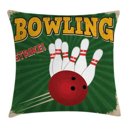 Vintage Decor Throw Pillow Cushion Cover, Bowling Balls and Pins Design Western Sport Hobby Leisure Winner Artsy Art Print, Decorative Square Accent Pillow Case, 18 X 18 Inches, Multi, by