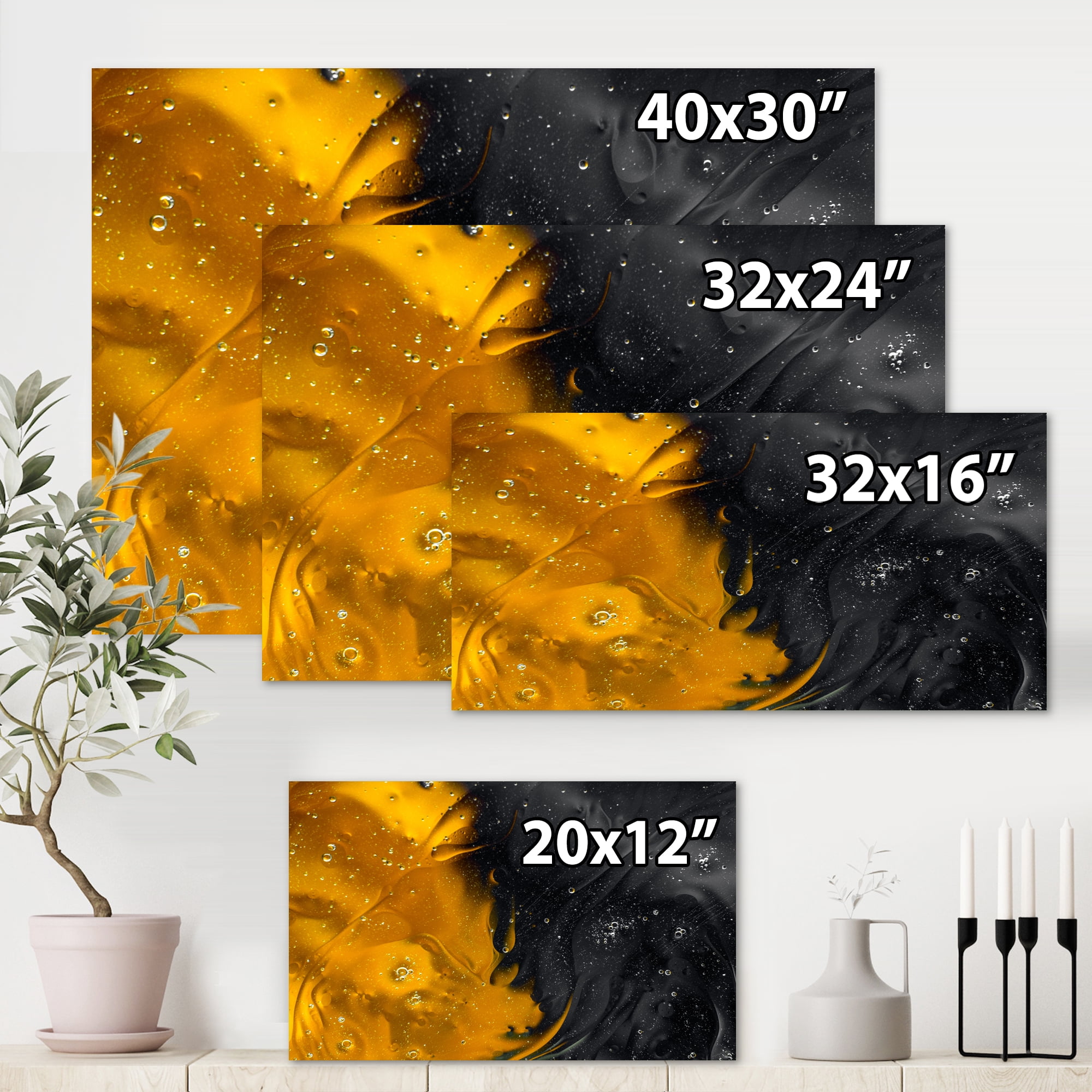 Marriage of Black and Yellow 12 in x 8 in Painting Canvas Art Print, by Designart