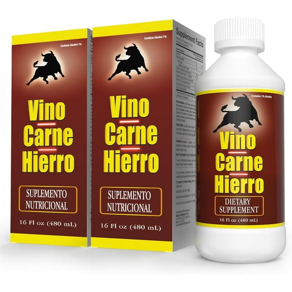 Vino Carne Hierro Liquid Iron Supplement with Vitamins for Energy and Red Blood Cell Support, 16 fl oz, 2-pack