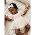 thumbnail image 4 of BemeyourBBs Infant Baby Girl First Birthday Outfit 1st Years Old Birthday Summer Clothes Letter Embroidery Bow Print Short Sleeve Smocked Romper Dress Bow Headband Set, 4 of 8