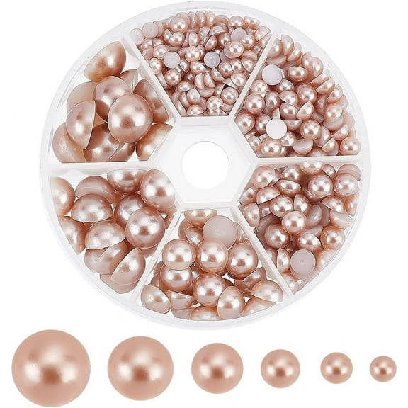 690pcs 6 Sizes Flat Back Half Round Pearl Cabochon Diameter 4mm 5mm 6mm 8mm 10mm 12mm for Nail Craft DIY Scrapbook Decoration Makeup Tan
