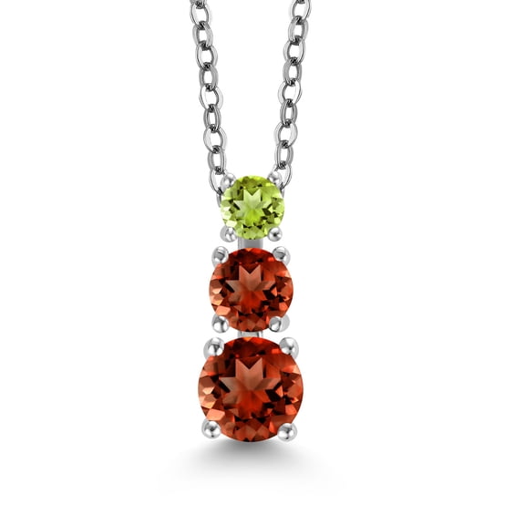 Gem Stone King Red Garnet and Green Peridot 3 Stone Pendant Necklace for Women (1.49 Cttw, Gemstone Birthstone, Round 5Mm, 4Mm and 3Mm, With 18 inch Chain)