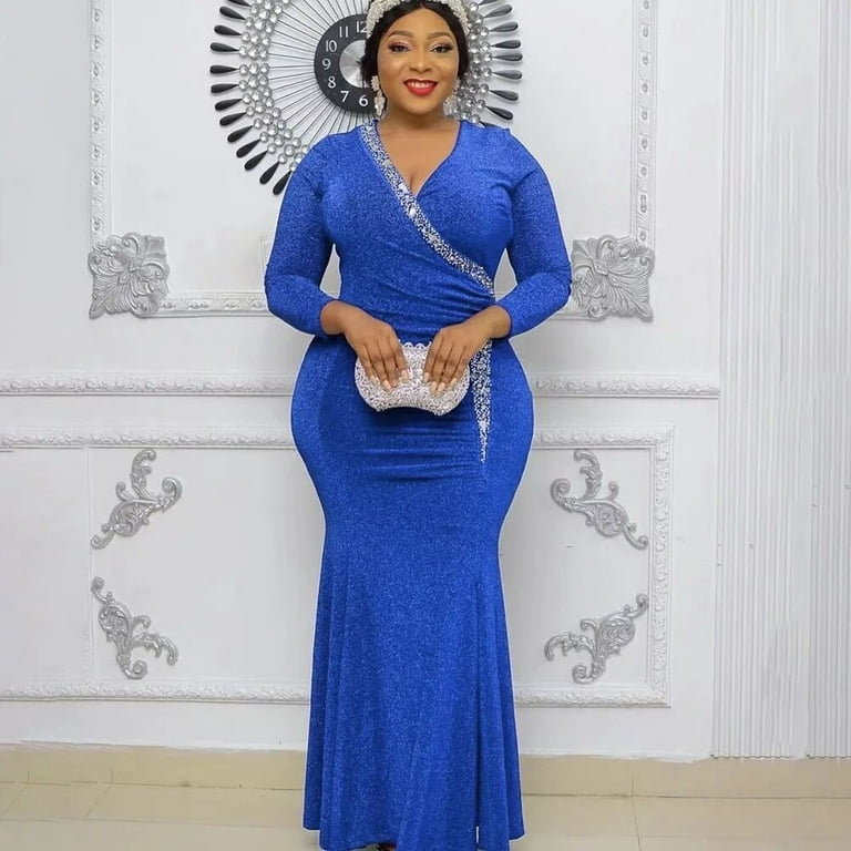 Amazing Snazzy African Slim Fit Sequin Party Dress African Women Dinner Wears Blue Dress Blue Dinner Wear Sequins Dress Party Dress Split