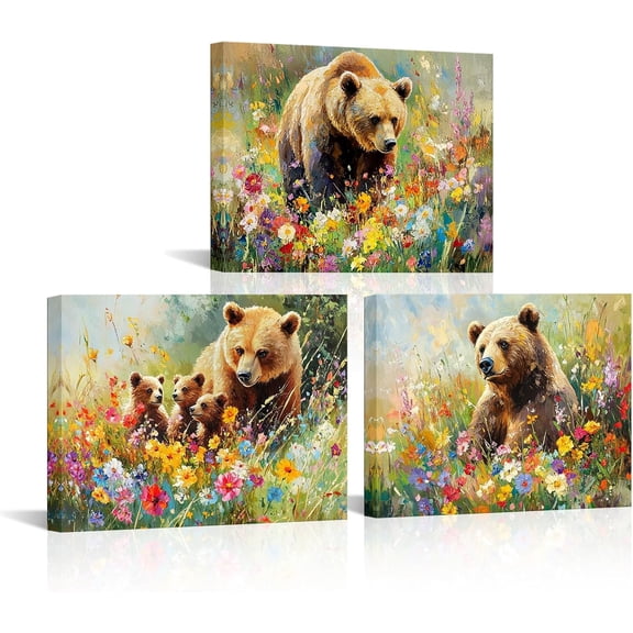 Hieng Bear Wall Art Canvas Bears in Wildflower Meadow Picture Print Wildlife Paintings Farmhouse Kitchen Decor