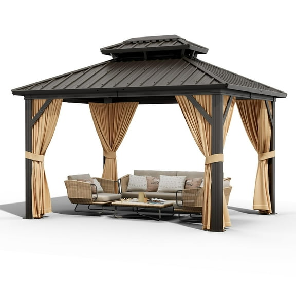 Luku 10x12FT Outdoor Hardtop Gazebo with Galvanized Iron Roof, Sturdy Aluminum Frame, Netting & Curtains, Wind Snow Resistant Permanent Gazebo for Patio, Lawn, Pool, Deck