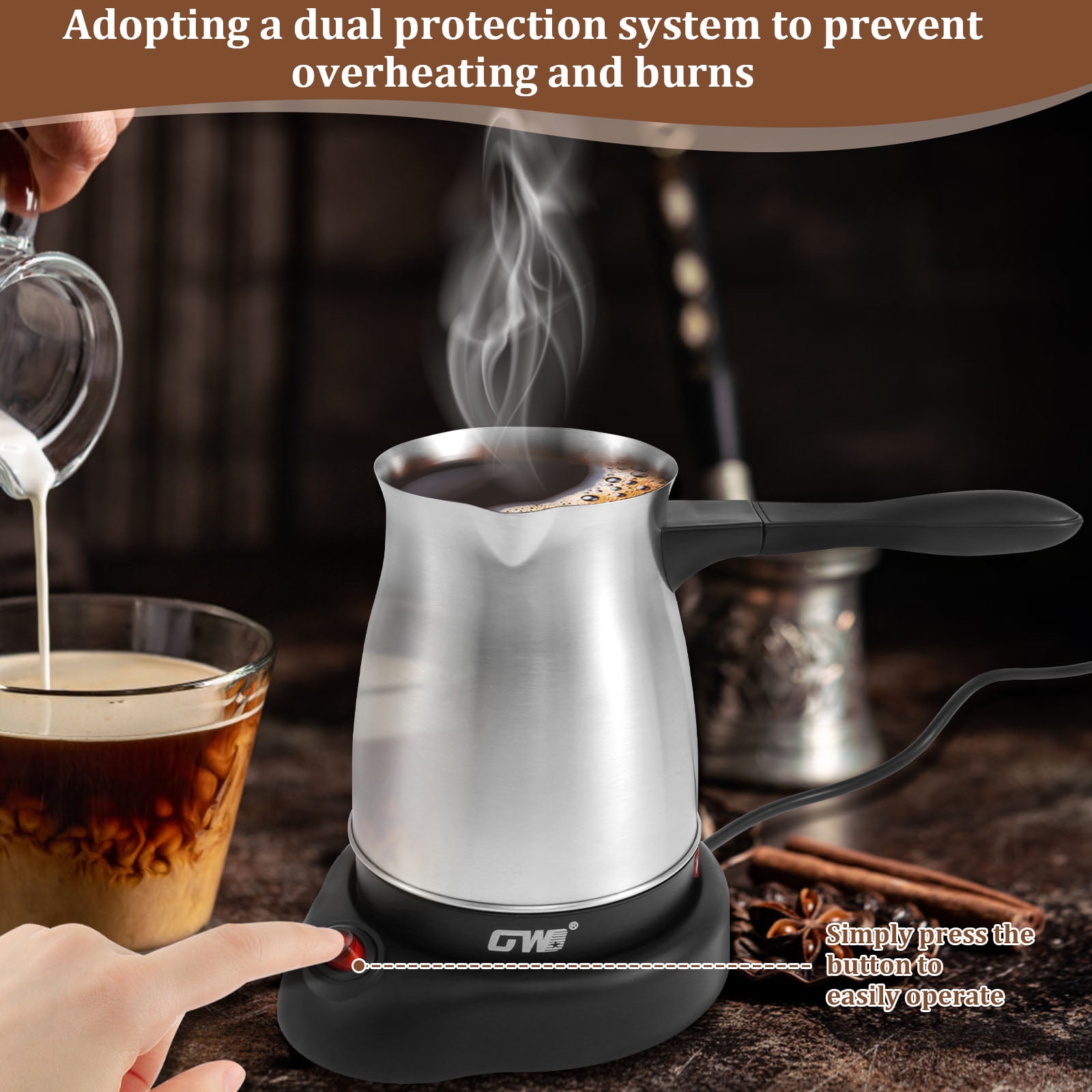 Turkish Coffee Maker 600ml Stainless Steel Electric Turkish Coffee Machine 5 to 6 Cups Capacity Turkish Coffee Machine with Ergonomic Handle Enduring 110V Turkish Coffee Maker for Home Travel