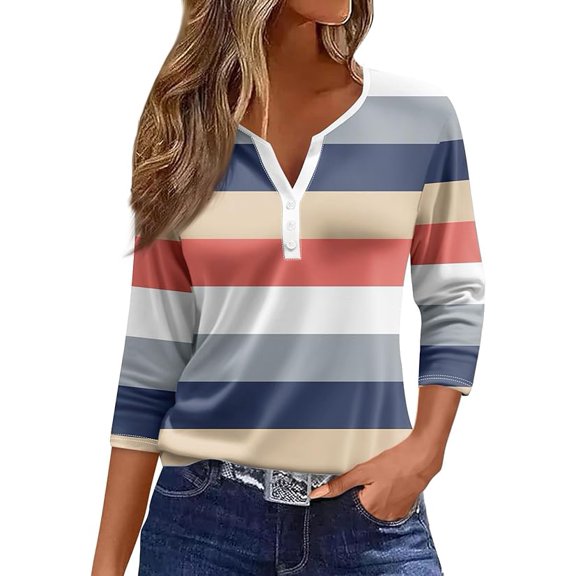 Womens 3/4 Sleeve T-Shirts V Neck Buttons Tops Neck Cute Tunic Floral Print Tops Basic Tees Blouses Fashion Loose Fit Pullover Casual Basic Shirts