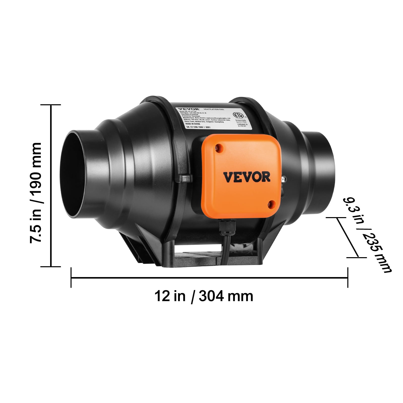 VEVOR Tuspuzz Inline Duct Fan, 4-Inch 200 CFM with Variable Speed Controller, Quiet AC-motor Ventilation Exhaust Fan for Cooling Booster, Grow Tents, Hydroponics