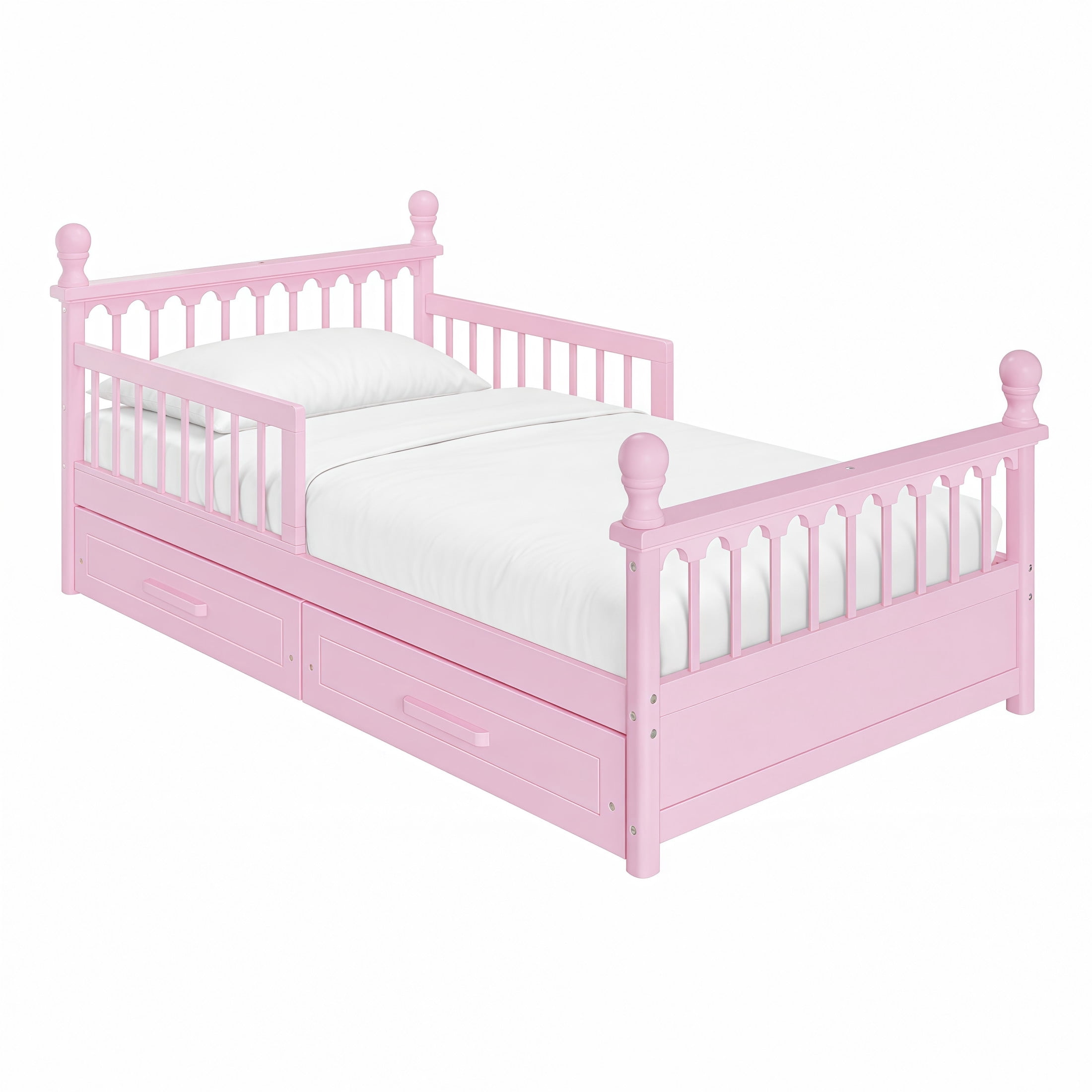 Noble House Orielle Twin Kids Bed Frame with Storage Drawers, Low-Profile Platform Bed with Safety Guardrails, Pink