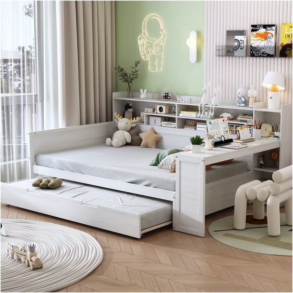 JERFIT Wooden Full Size Daybed with Storage Shelves Multi-functional Bed with Twin Size Trundle