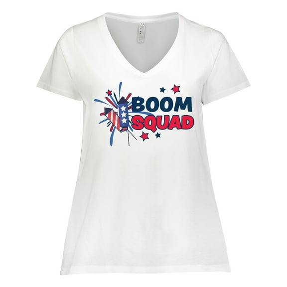 Inktastic 4th of July Boom Squad Blue and Red Fireworks Women's Plus Size V-Neck T-Shirt