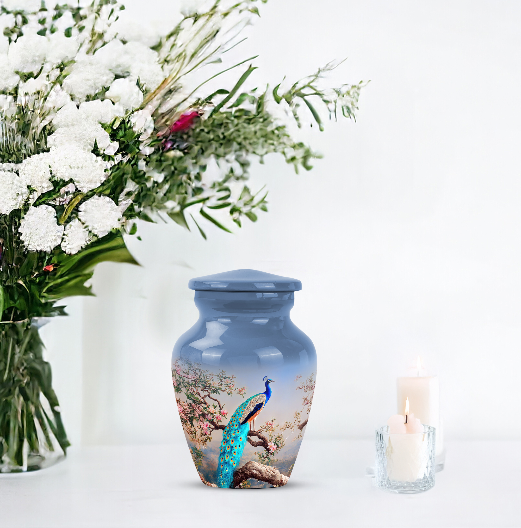 MUKTIVE Peacock Burial Pink Flowers Urns for Human Ashes Adult Female & Male, Father Cremation Urns for Funeral Ashes, Mini Keepsake Ashes Holder Memorial Gift, 3 Inch