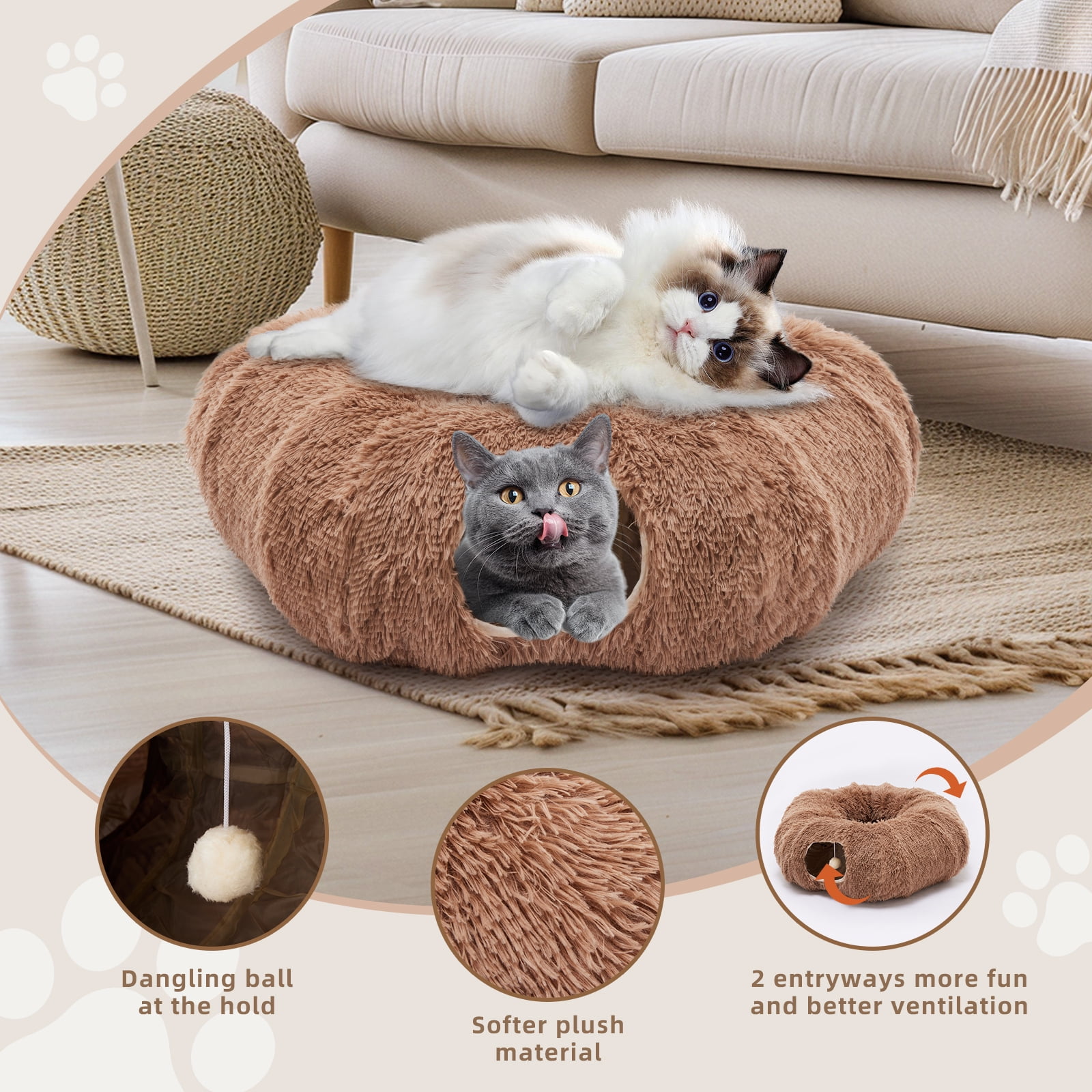 LIFERECORD Cat Tunnel with Cat Bed for Indoor Cats, Under Christmas Tree Soft Plush Peekaboo Cat Cave Donut Tunnel, Multifunctional Playground Toys Hideplace for Kittens, Rabbit - Brown