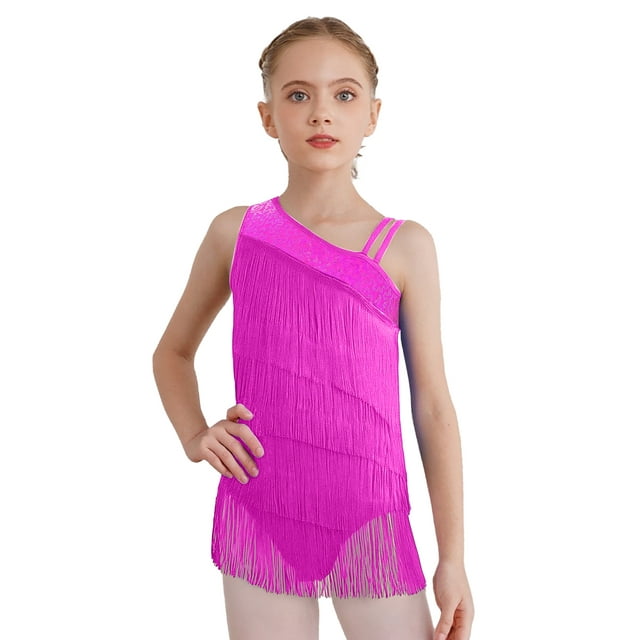 vastwit Robe de Danse Latine à Franges pour Filles, Justaucorps de Performance Jazz Tango à Pampilles, Justaucorps de Gymnastique, Rose Vif 12