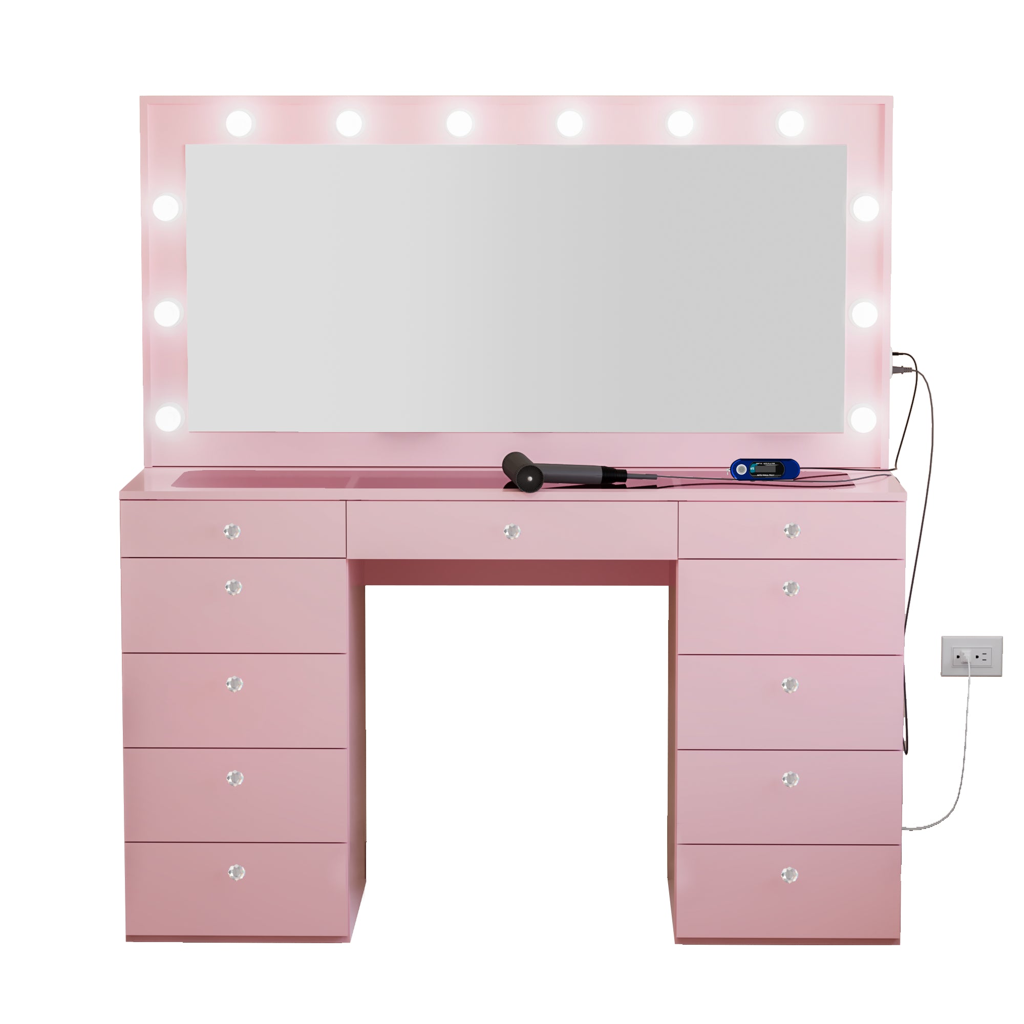 Ember Interiors Makeup Vanity with Mirror, Built-in Lights, 11 Drawers, Crystal Knobs, Pink
