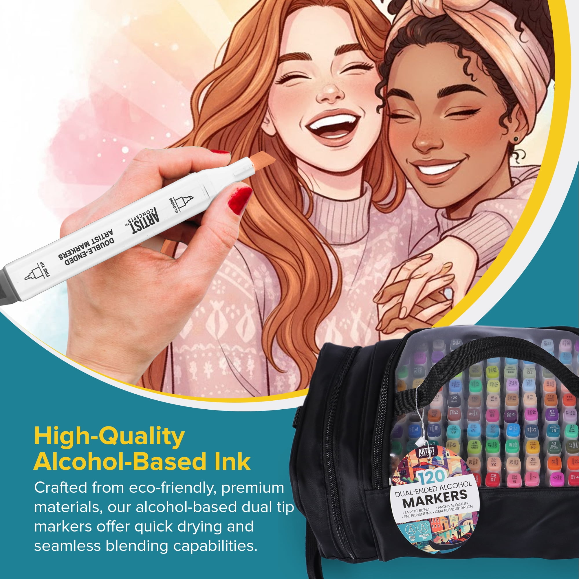 Artist Concepts Dual-Ended Alcohol Markers with Black Carry Case, Fine & Chisel Tips, Multicolor, 120 Count