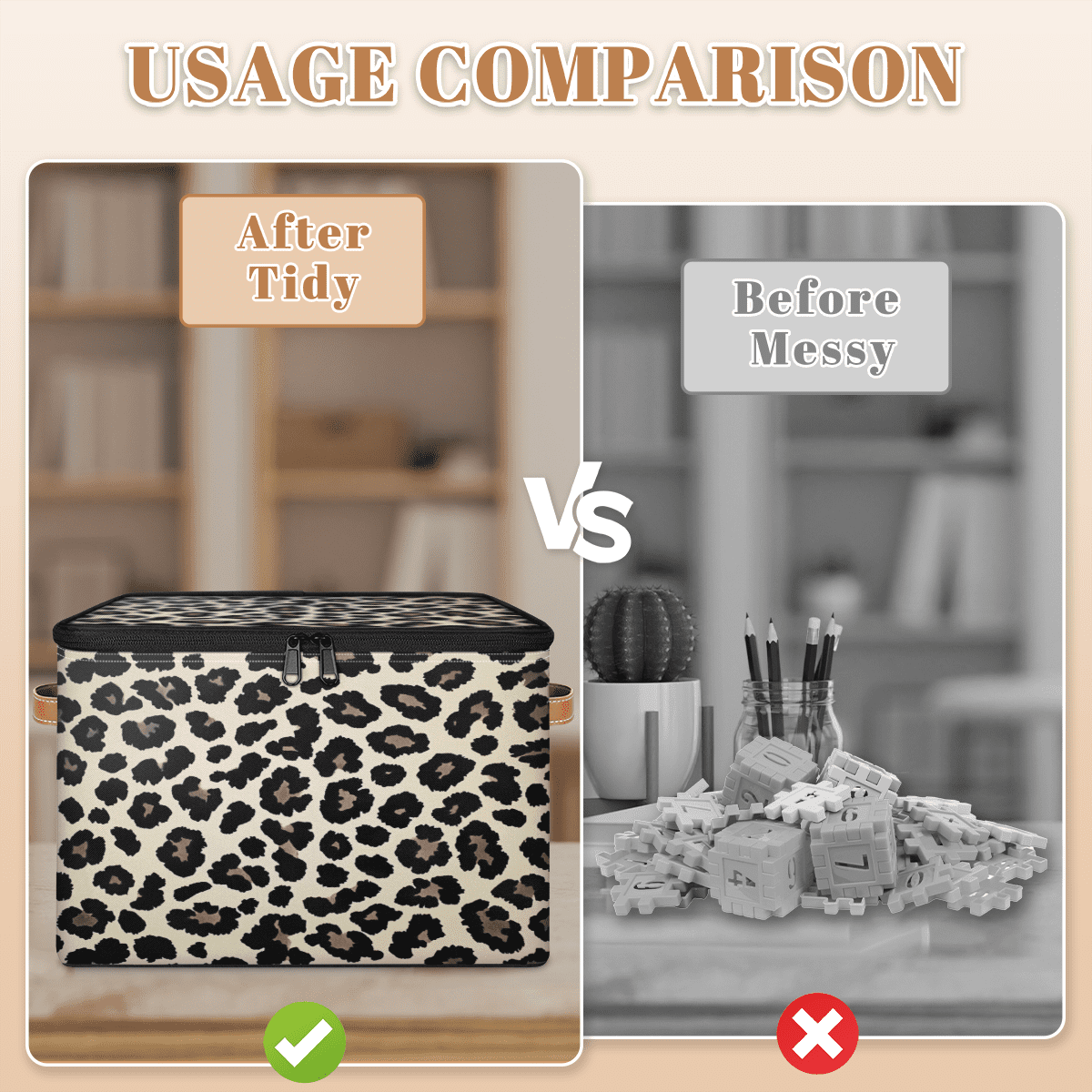ADECORIVY Black Cream Leopard Print Storage Bin with Zipper Lid, Fabric Foldable Shelf Baskets Boxes, Closet Lidded Storage Bins, Decorative Clothes Organizer for Bedroom Home