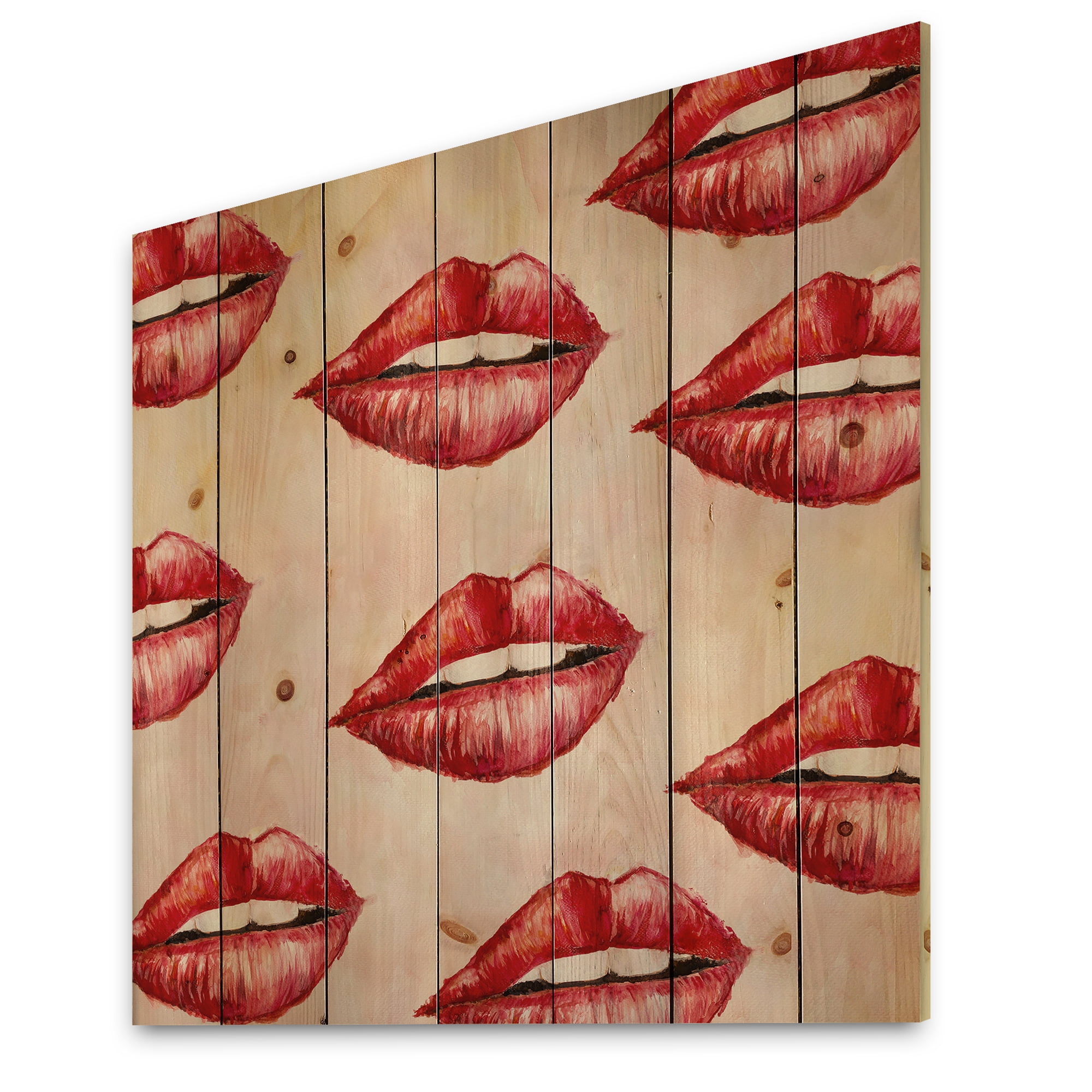 Designart 'Red Girl Lips Pattern' Modern Print on Natural Pine Wood