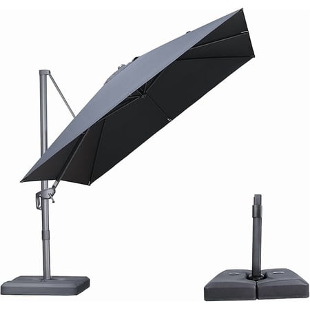 PURPLE LEAF 10 FT Patio Cantilever Umbrella with base, 360° Rotation Offset Square Umbrella for Deck, Pool & Garden, Graphite Grey