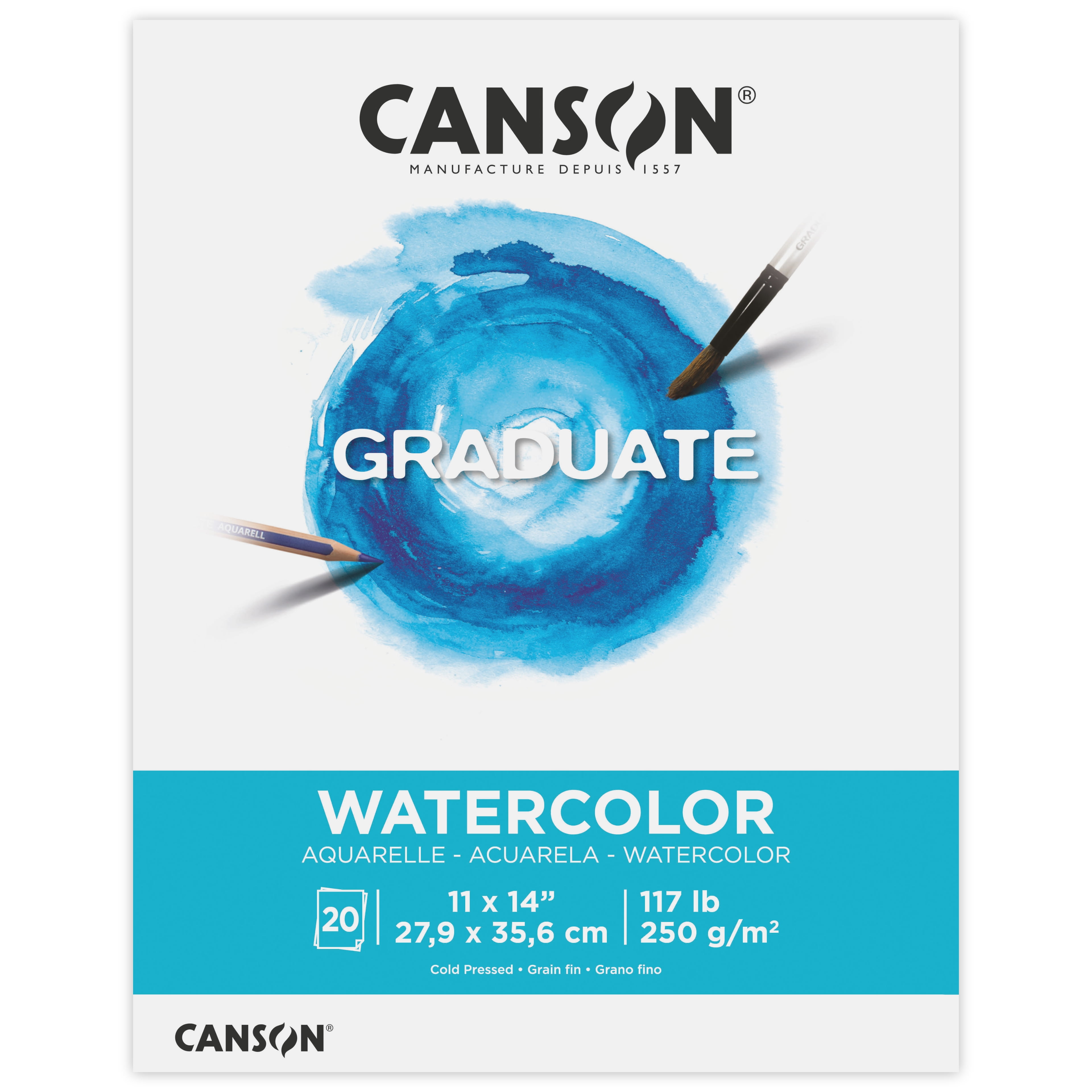 (3 pack) Canson Graduate Watercolor Paper Pad, Foldover Binding, (117lb/250g), 20 Sheet, 11" x 14"