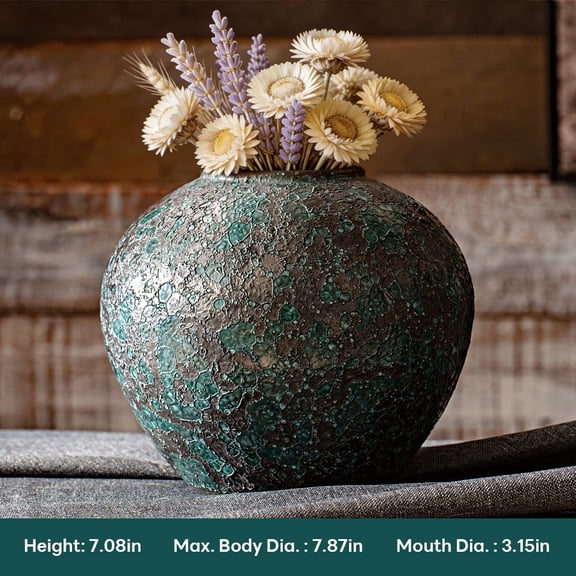 Rustic Textured Ceramic Vase | 7.1" Tall Decorative Flower Vase for Home Decor, Living Room, Entryway | Two-Tone Bronze & Dark Green, 3.5" Opening
