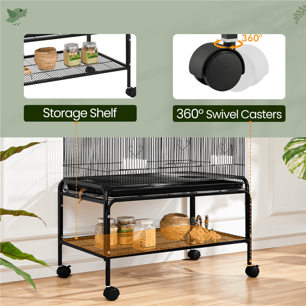 Alden Design 53″ H Rolling Metal Parrot Birdcage with 3 Perches & 4 Feeders, Black