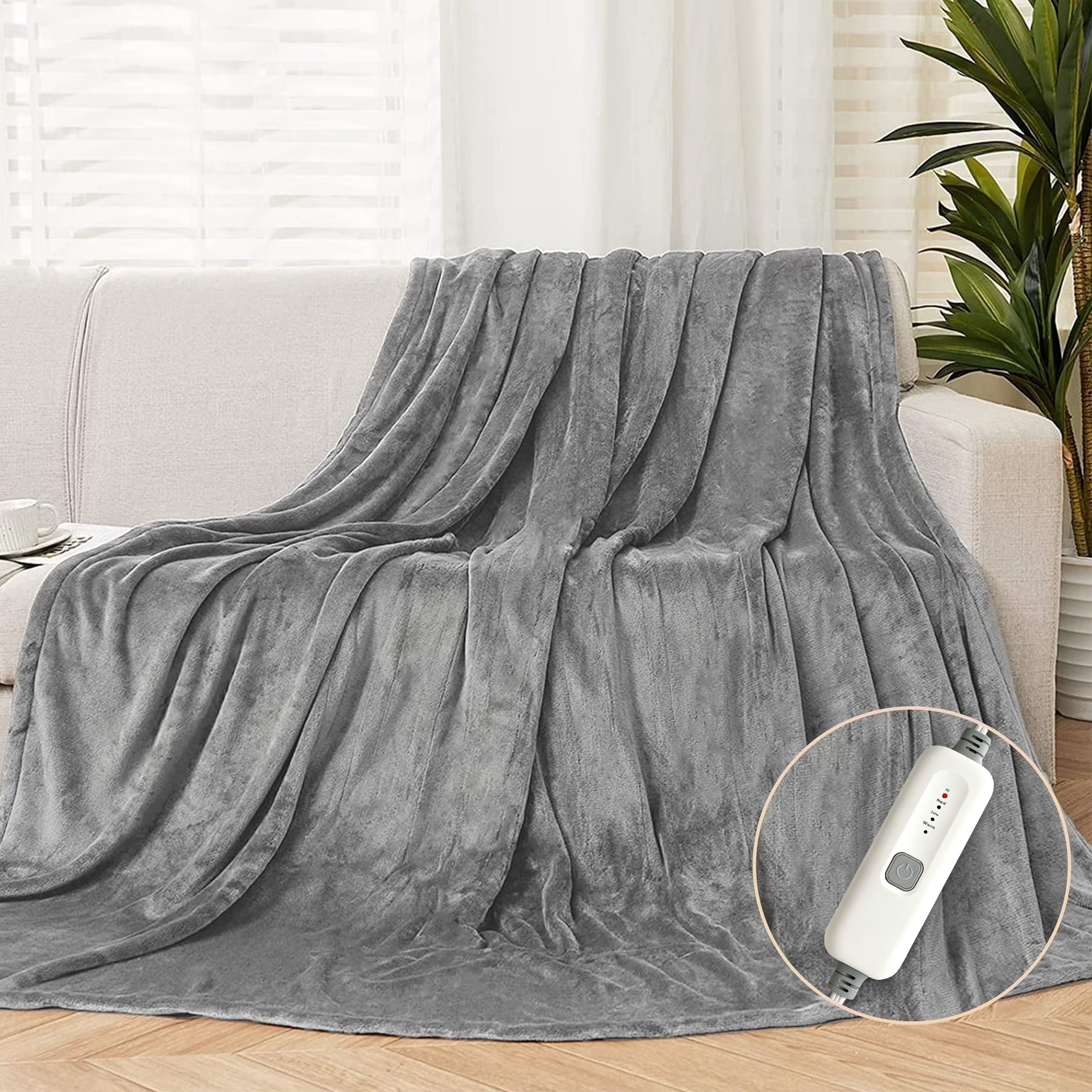 SUNNY HEAT Electric Heated Blanket Full Size 72" x 84" Soft Flannel with 4 Levels Heating & 10Hs Auto off, Machine Washable, Light Gray