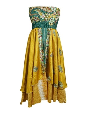Mogul Women Yellow,Green Long Skirt Printed Dress Recycled Sari Flared Skirt, Hi Low Dresses, Strapless Dress, Two Layer Skirt S/M