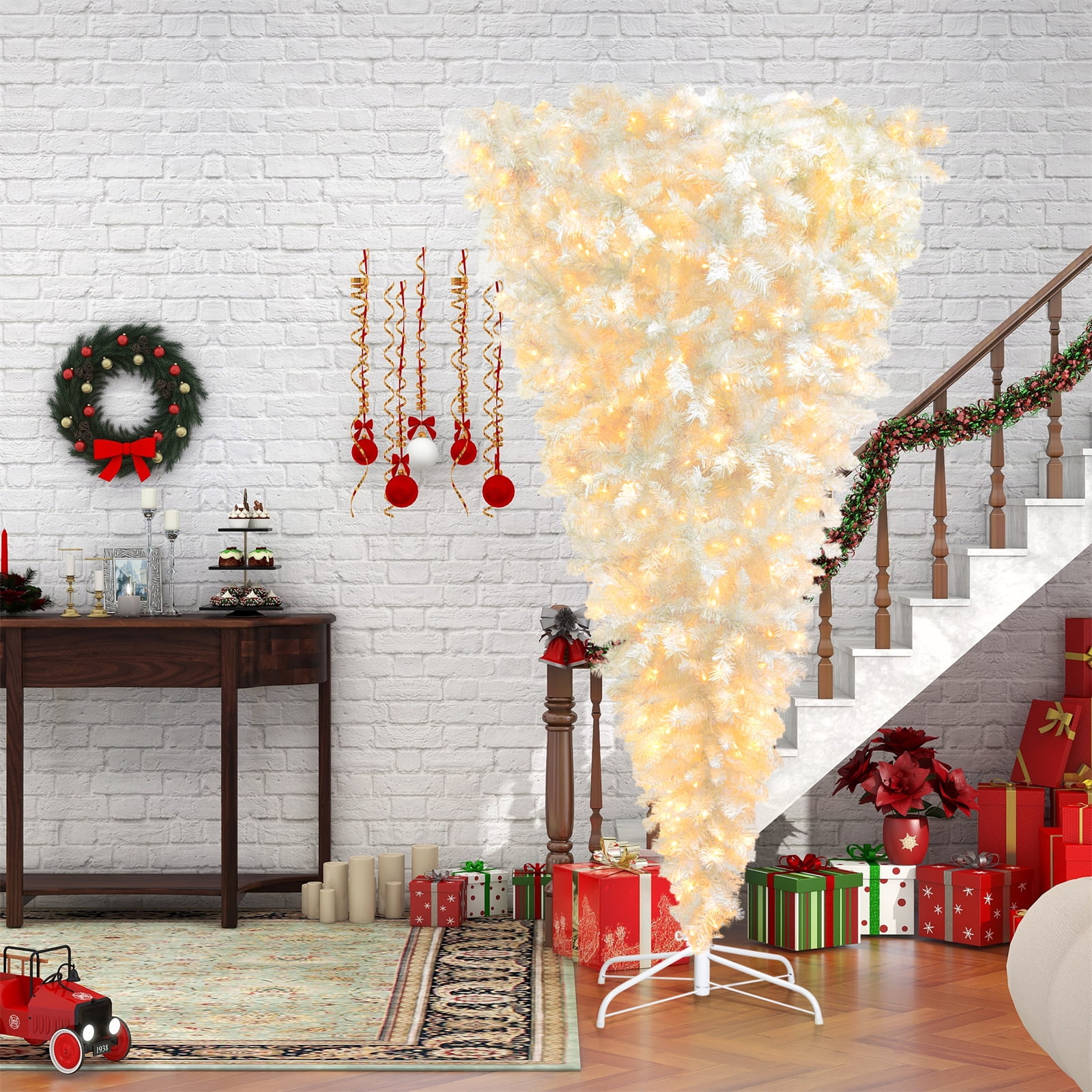 6.6ft Upside Down Christmas Tree, PreLit White Christmas Tree with