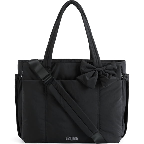 BAGSMART Crush Tote Bag for Women, Puffer Crossbody Laptop Bag for 15.6", Quilted Shoulder Bag with Compartments, Black