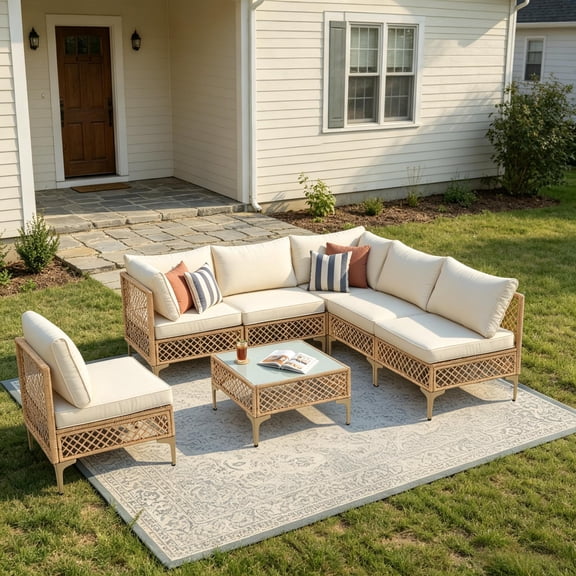 7-Piece Patio Furniture Set,Outdoor Wicker Conversation Set with Thick Cushions & Coffee Table for Backyard and Garden,Beige