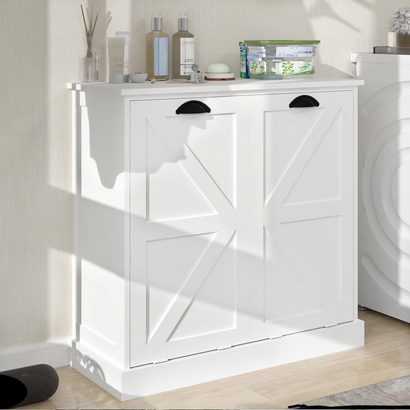 MIDOQIN Double Tilt Out Laundry Hamper Cabinet, Wooden Hidden Laundry Sorter Cabinet Free Standing Trash Can Cabinet for Home, Living Room