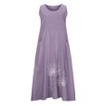 thumbnail image 3 of Womens Linen Midi Dress Sleeveless Floral/Solid Color Casual Beach Loose Sundress Scoop Neck Tank Long Dress, 3 of 7