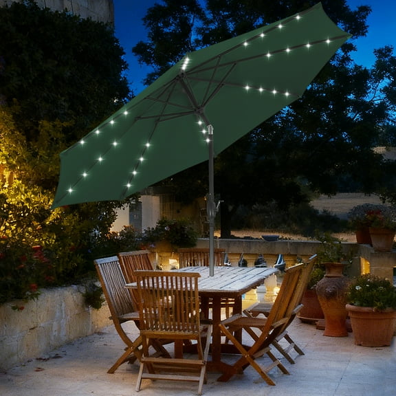 Autlaycil 10 ft Solar Patio Umbrellas with 32 Lights for Market Outdoor Pool, Steel Tilt Crank-Green
