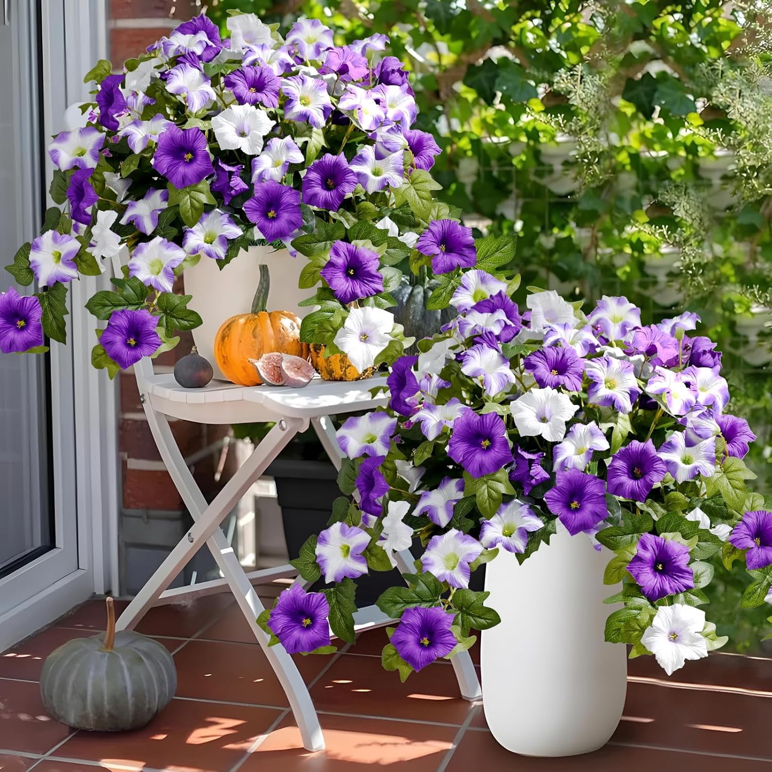 Yastouay 2pcs Petunias Artificial Flowers for Outdoor, UV Resistant Fake Flowers for Planter, Purple White Faux Flower for Garden Balcony Yard Porch