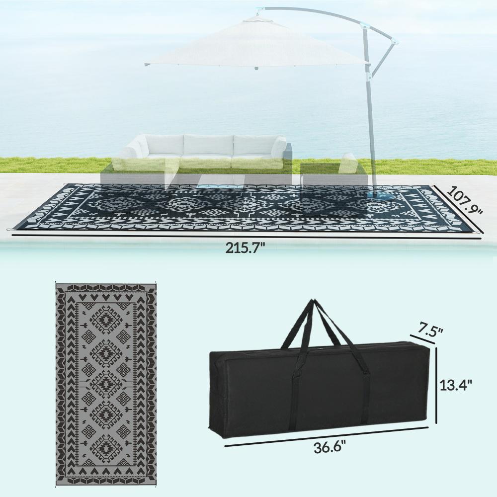 9' x 18' Black & Gray Rhombus Patchwork Reversible Outdoor Patio Rug, Waterproof Portable Camping Mat with Carry Bag, Foldable RV Carpet