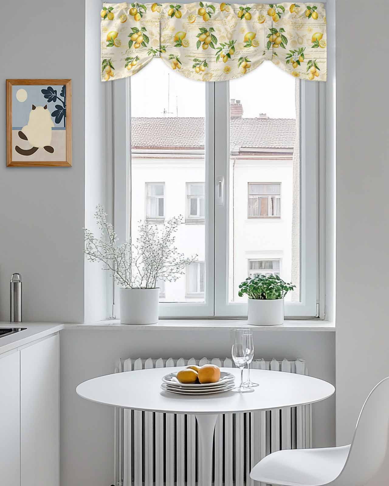Vintage Lemon Tie Up Valances Curtain, Adjustable Kitchen Leaf Yellow Fruit Letter Background Farmhouse Valances for Windows Decor, Rod Pocket Short Curtains Set for Bedroom/Bathroom, 54"x18"