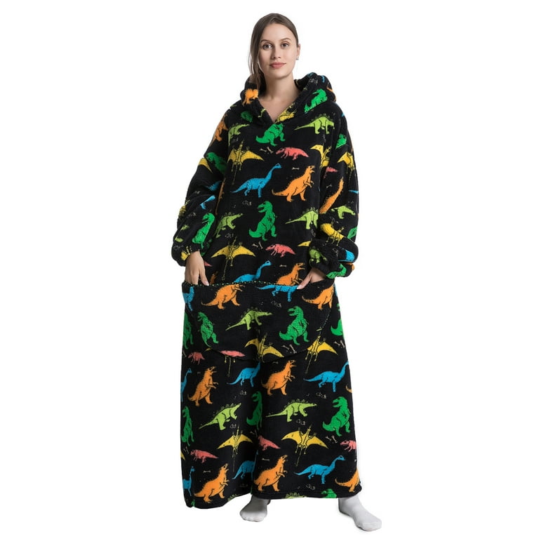Womens Oversized Hoodie Blanket Fluffy Fleece Long Robes Cartoon Printed Blanket with Front Pocket Winter Pajama Robes Nightwear