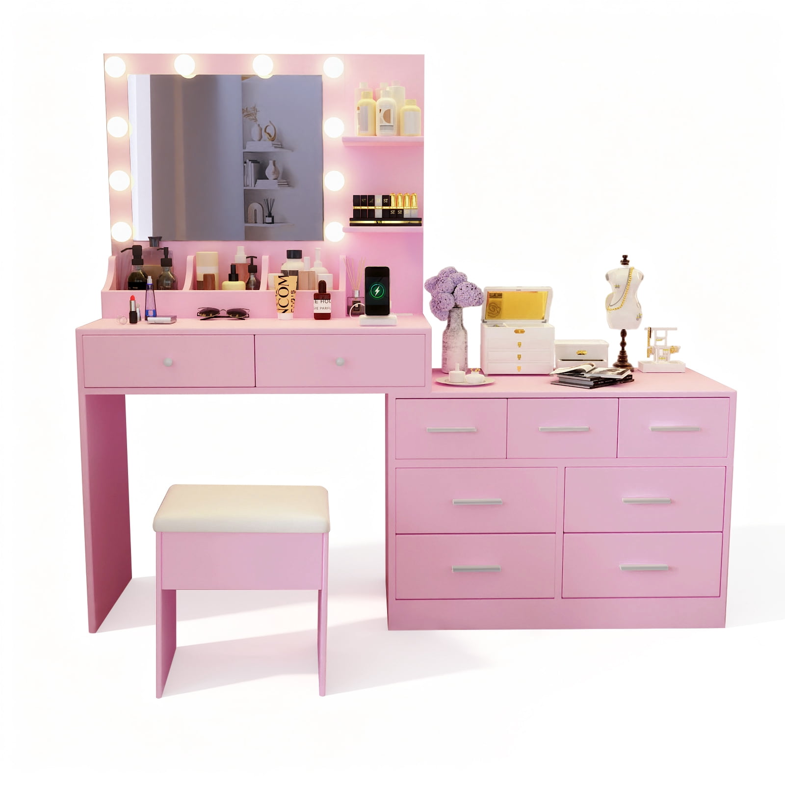 9-Drawer 2-Shelf 3-Desktop Storage Dressing Table Set, Dressing table with 3-Color Light Bulbs Combined Cabinets Particleboard with Textured Melamine Finish, 31.5*15.75*55.1in, Pink