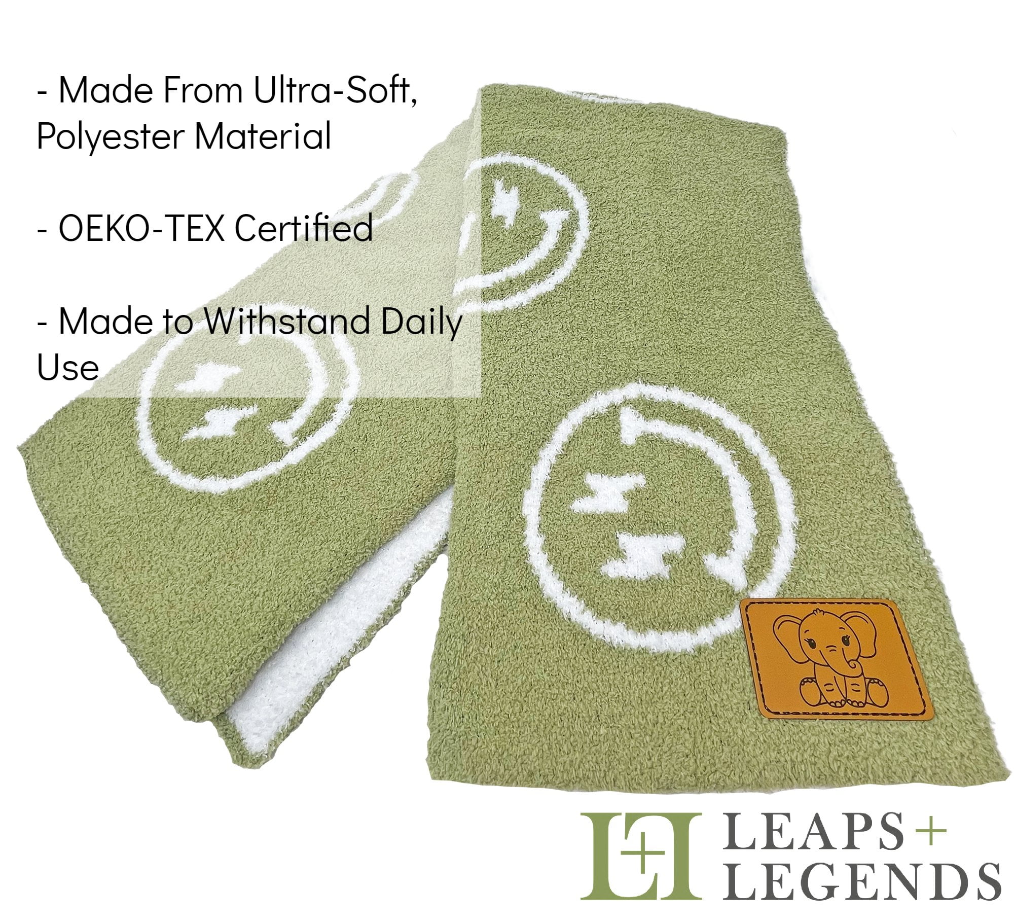 Checkered Smiley Face Baby Blanket 28"x40" with Leather Patch - Soft Knitted Throw - Receiving Blanket/Newborn Gift Green/White Lightning Bolt